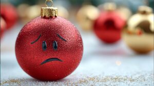 Christmas bulb with sad face. Beware of holiday scammers.