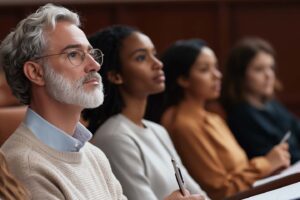 People sitting in a jury box.