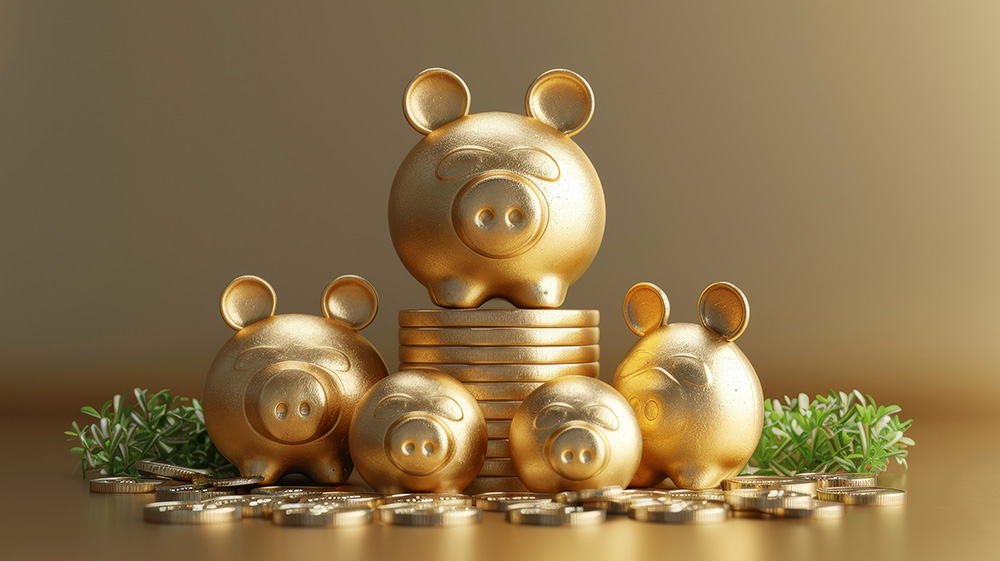 Gold piggy banks with coins around them.