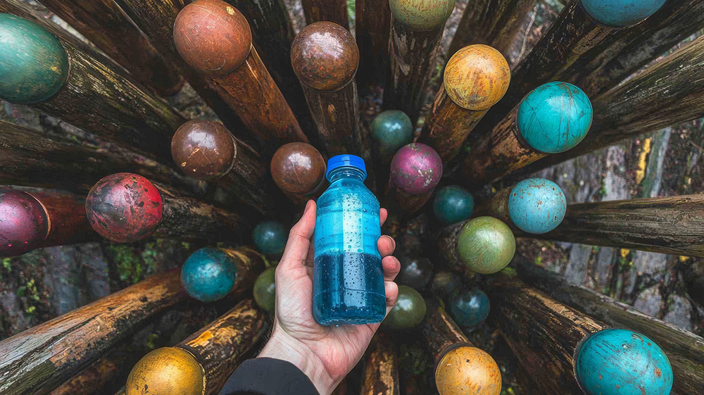 Nitrous Oxide Image with water bottle in middle of pipes that look like chemical reaction.