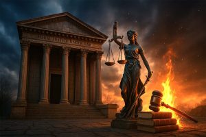 Court house with women holding scales and fire