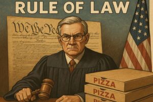 Judge on bench with constitution background and pizza boxes on podium.