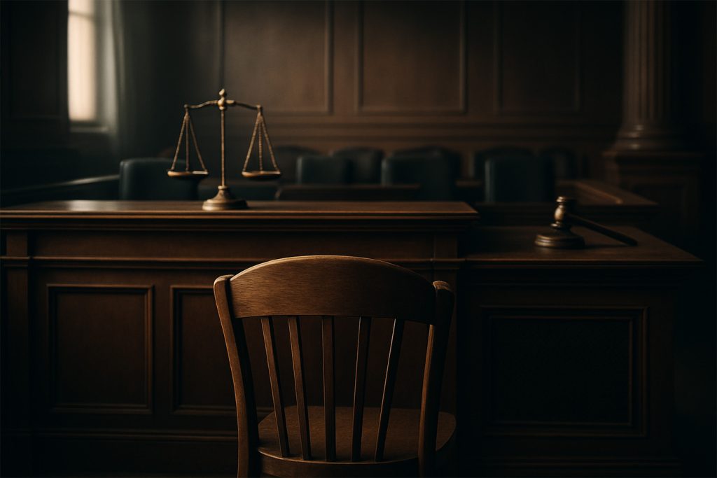 Somber looking jury seats in courtroom