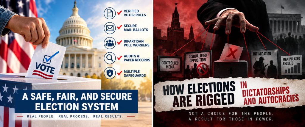 Comparison of secure American elections with manipulated elections in authoritarian regimes, highlighting voting safeguards, election integrity, and democracy.